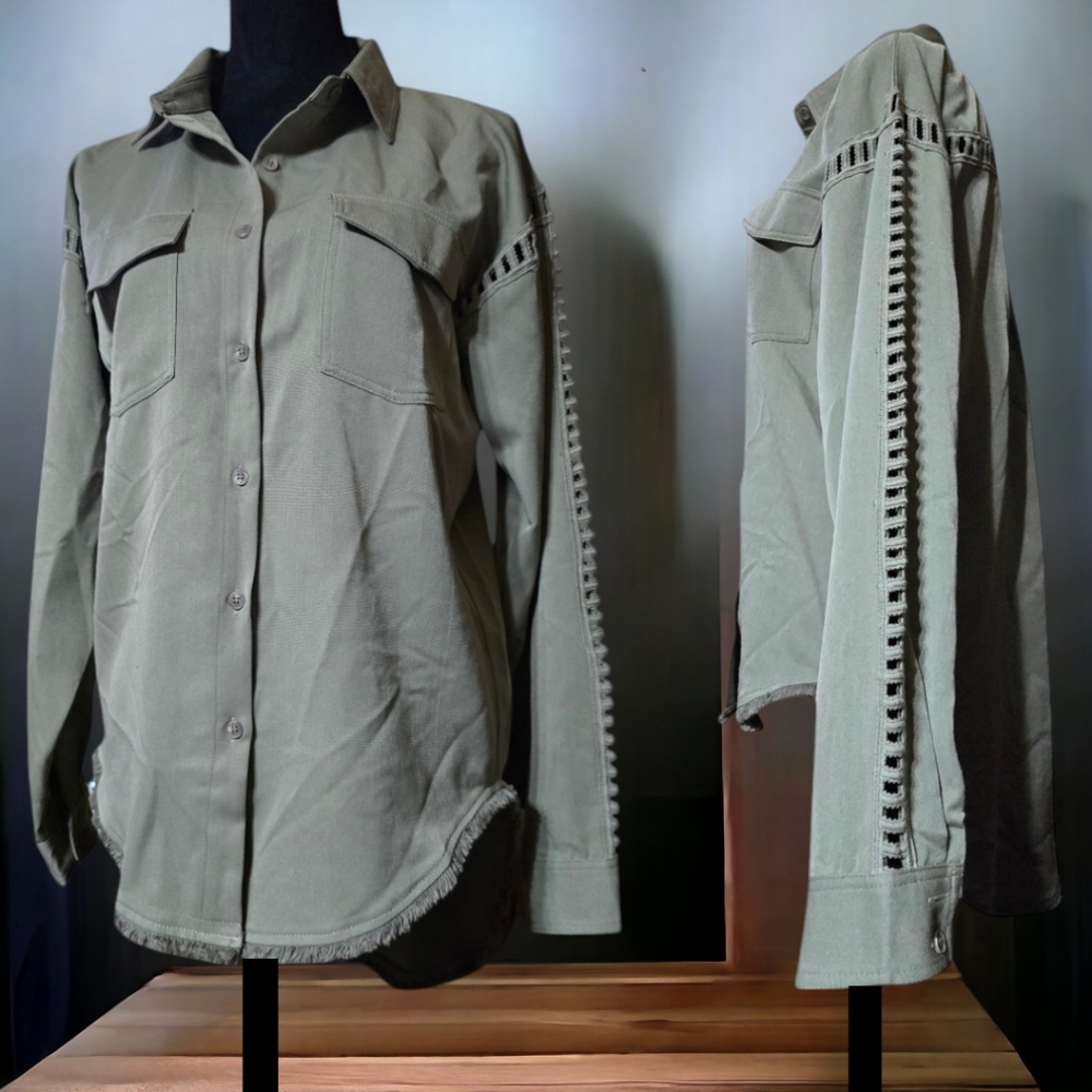 NWOT HOMEBODY "iMANI" Olive Woven Top Long Sleeve Button Up Oversized Shirt